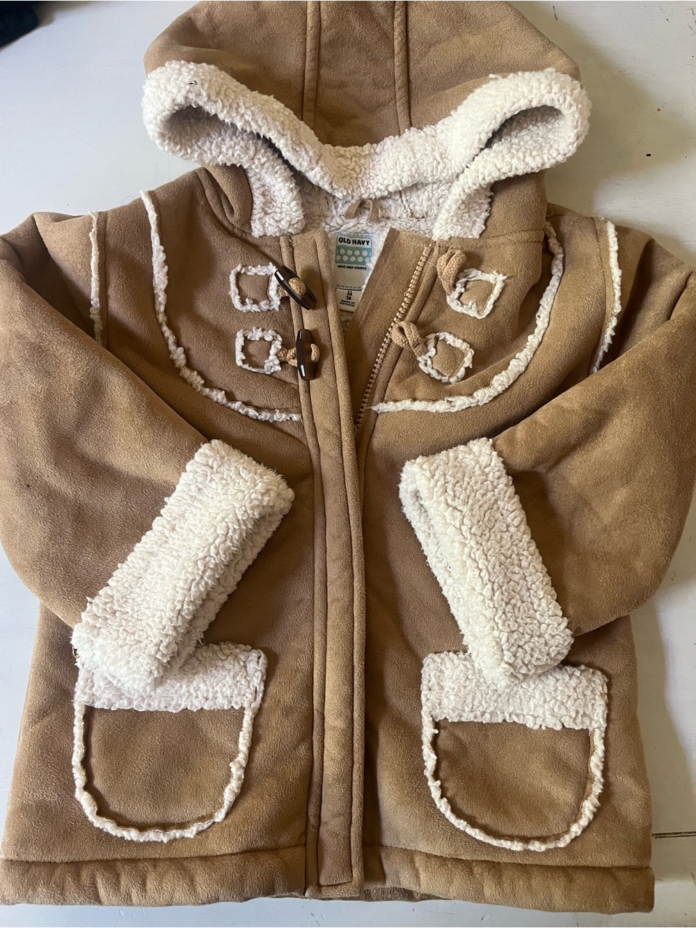 Old Navy Toddler Hooded Sherpa Coat in Camel and Cream